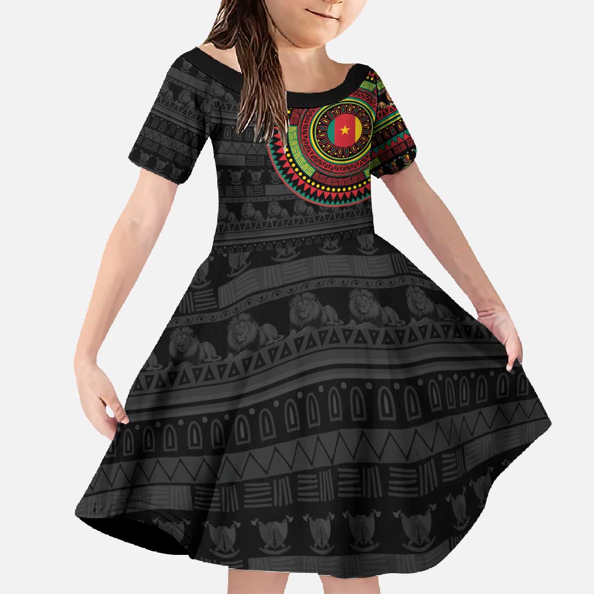 Cameroon Family Matching Off The Shoulder Long Sleeve Dress and Hawaiian Shirt African Tribal Pattern