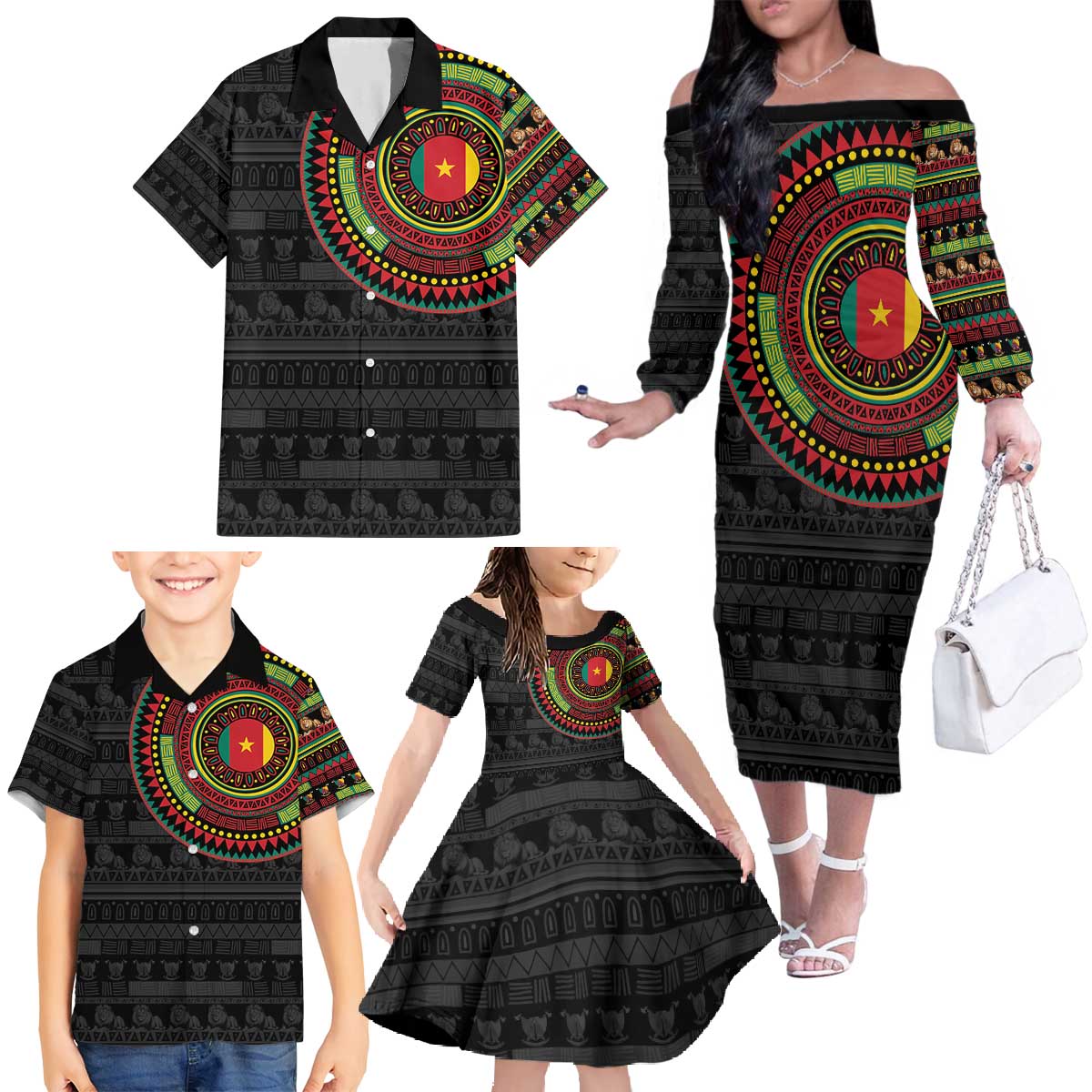 Cameroon Family Matching Off The Shoulder Long Sleeve Dress and Hawaiian Shirt African Tribal Pattern