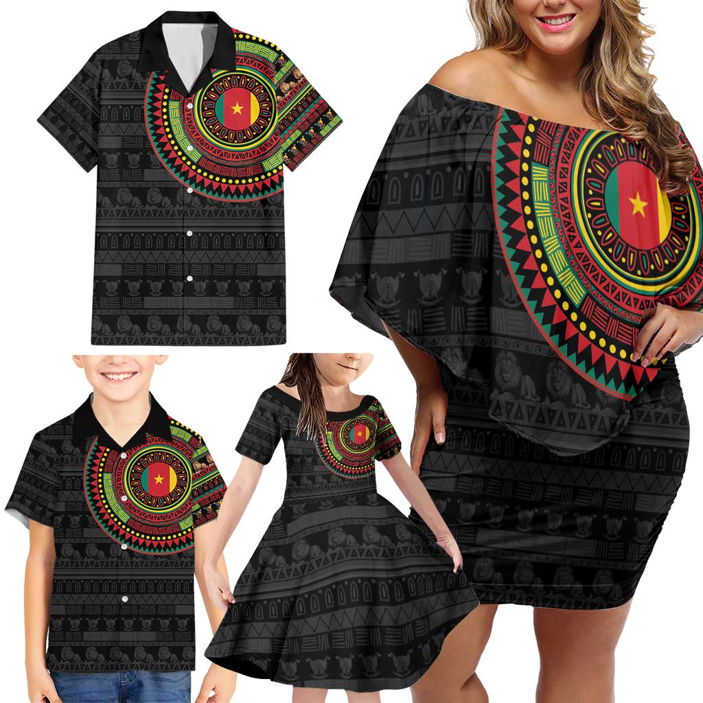 Cameroon Family Matching Off Shoulder Short Dress and Hawaiian Shirt African Tribal Pattern