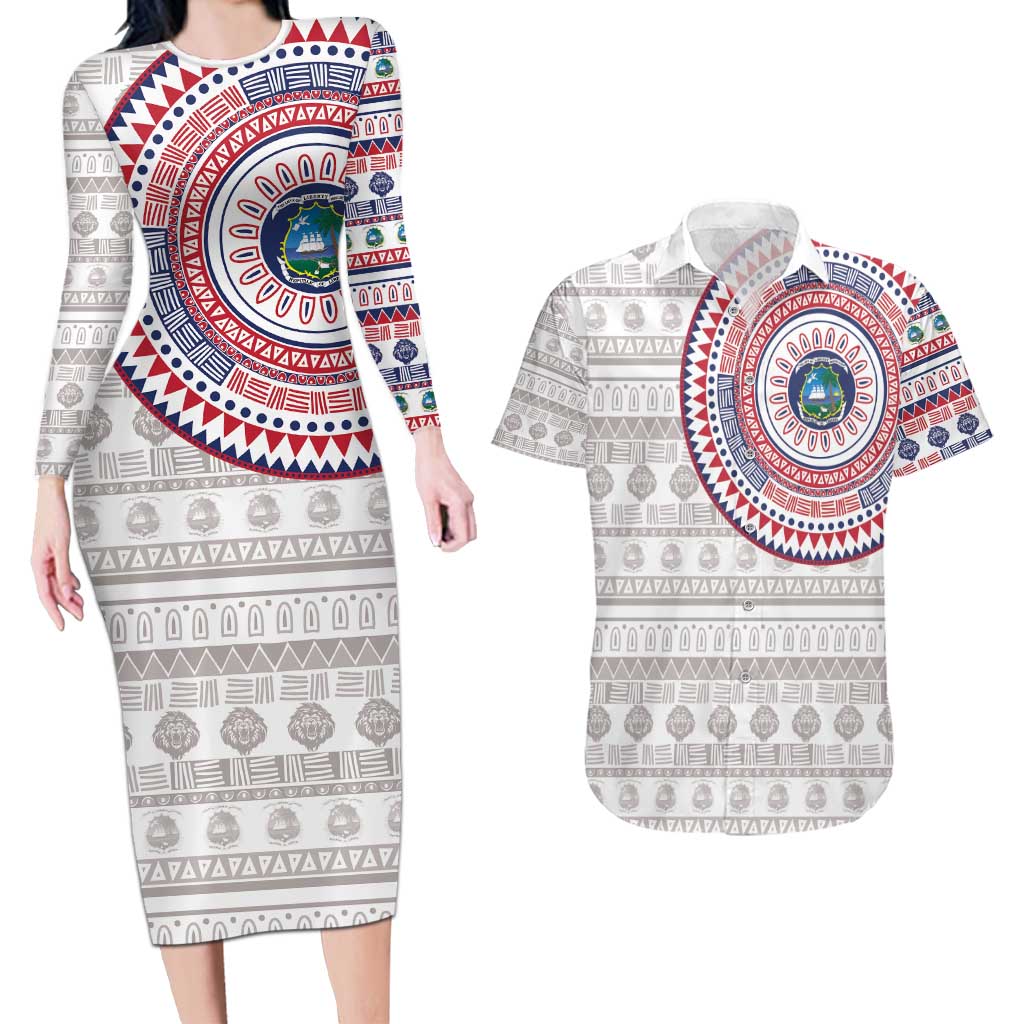 Liberia Couples Matching Long Sleeve Bodycon Dress and Hawaiian Shirt African Tribal Pattern