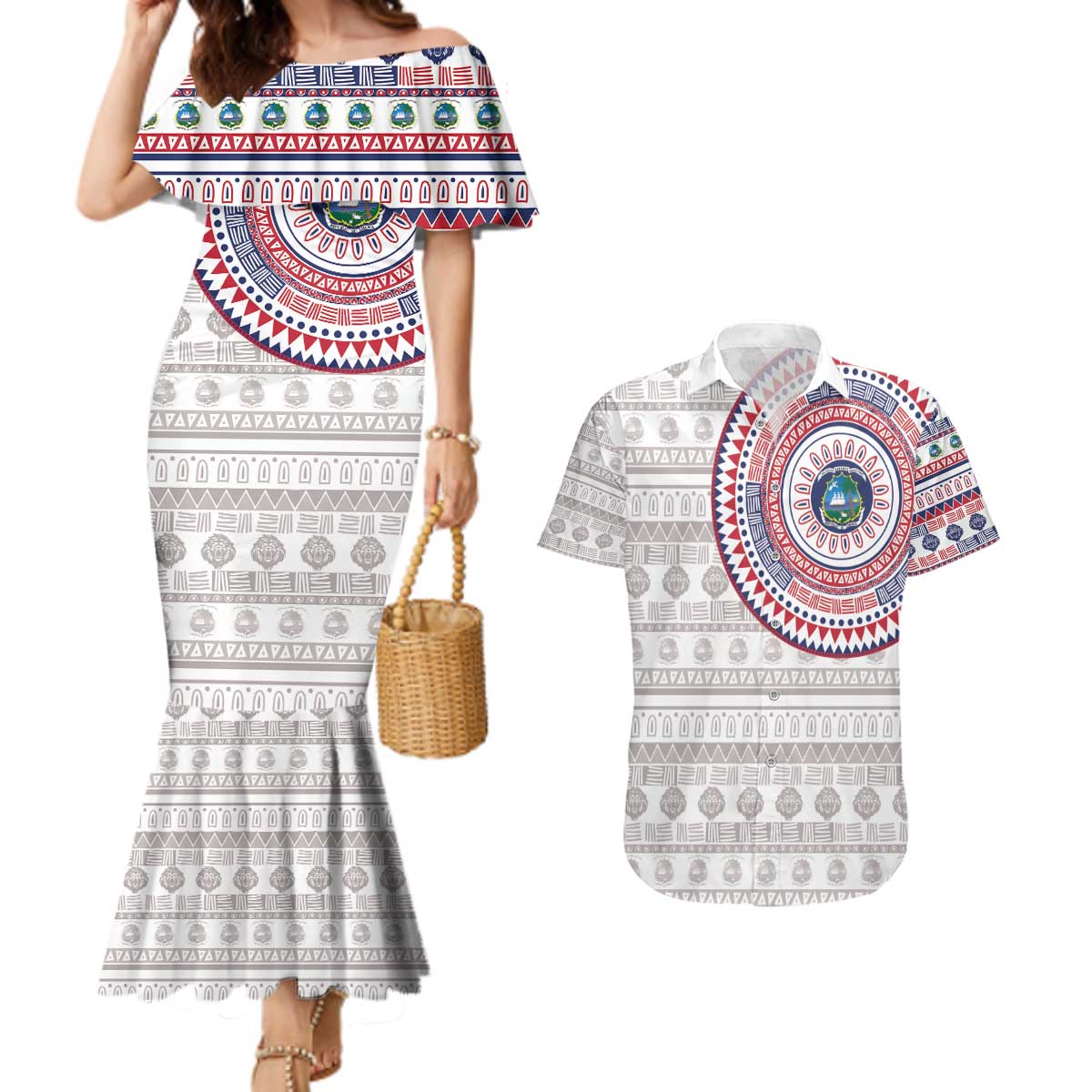 Liberia Couples Matching Mermaid Dress and Hawaiian Shirt African Tribal Pattern