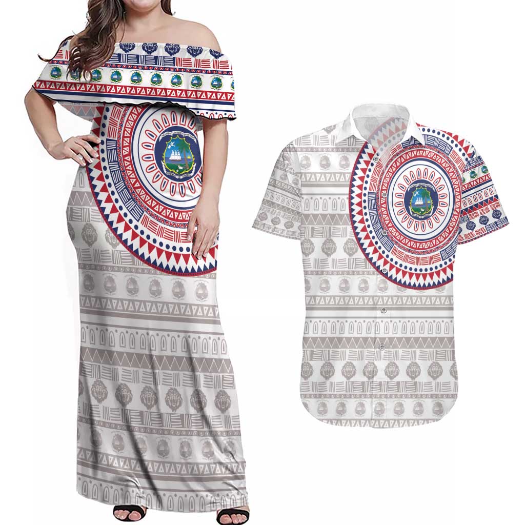 Liberia Couples Matching Off Shoulder Maxi Dress and Hawaiian Shirt African Tribal Pattern