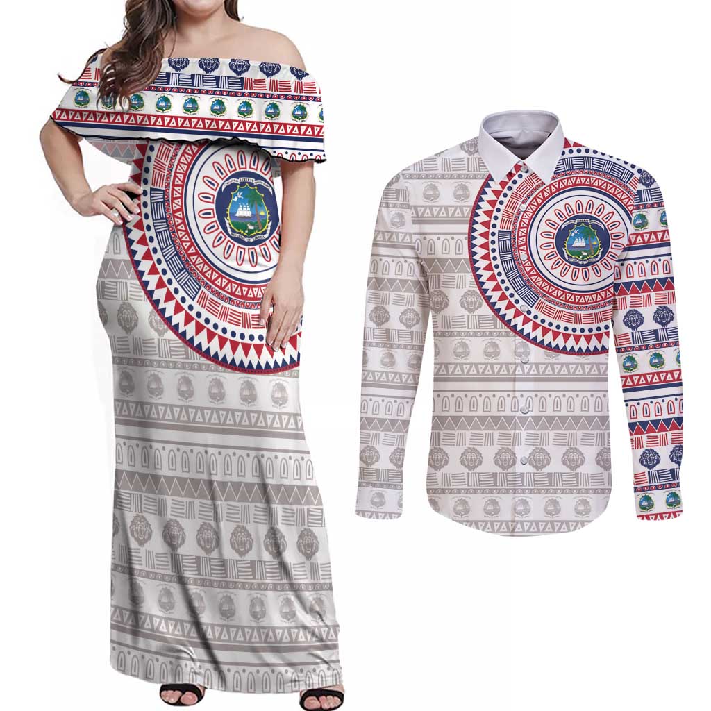 Liberia Couples Matching Off Shoulder Maxi Dress and Long Sleeve Button Shirt African Tribal Pattern