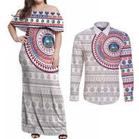 Liberia Couples Matching Off Shoulder Maxi Dress and Long Sleeve Button Shirt African Tribal Pattern