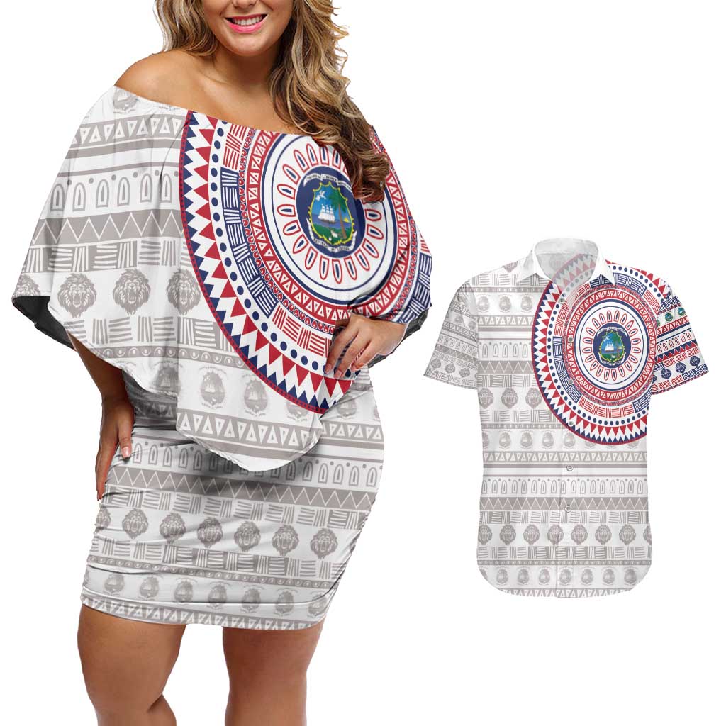 Liberia Couples Matching Off Shoulder Short Dress and Hawaiian Shirt African Tribal Pattern