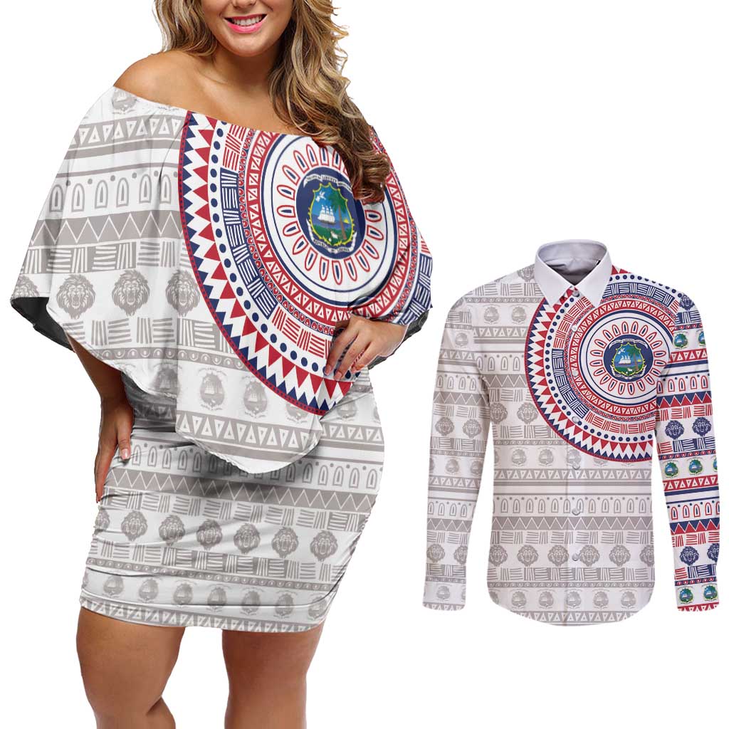 Liberia Couples Matching Off Shoulder Short Dress and Long Sleeve Button Shirt African Tribal Pattern