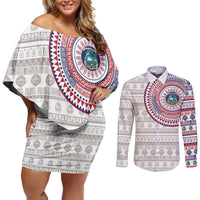 Liberia Couples Matching Off Shoulder Short Dress and Long Sleeve Button Shirt African Tribal Pattern