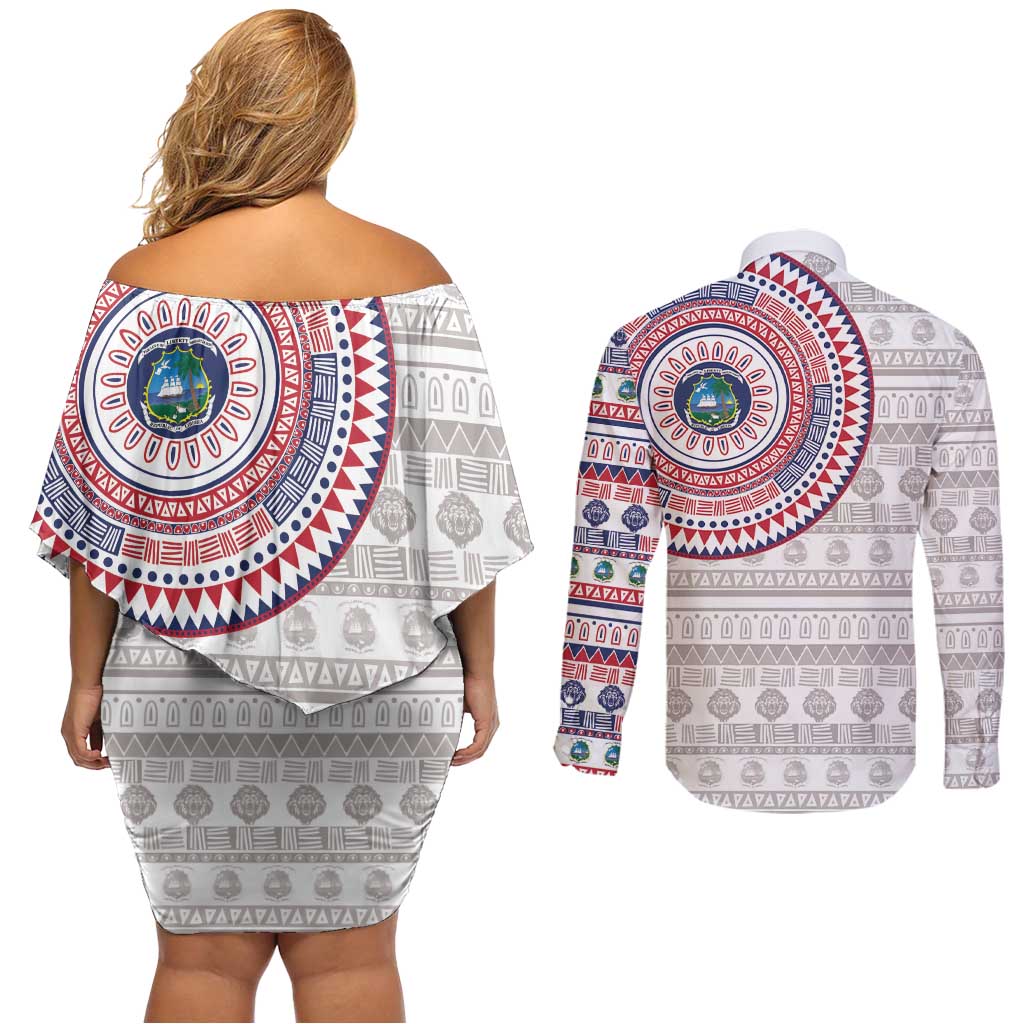 Liberia Couples Matching Off Shoulder Short Dress and Long Sleeve Button Shirt African Tribal Pattern