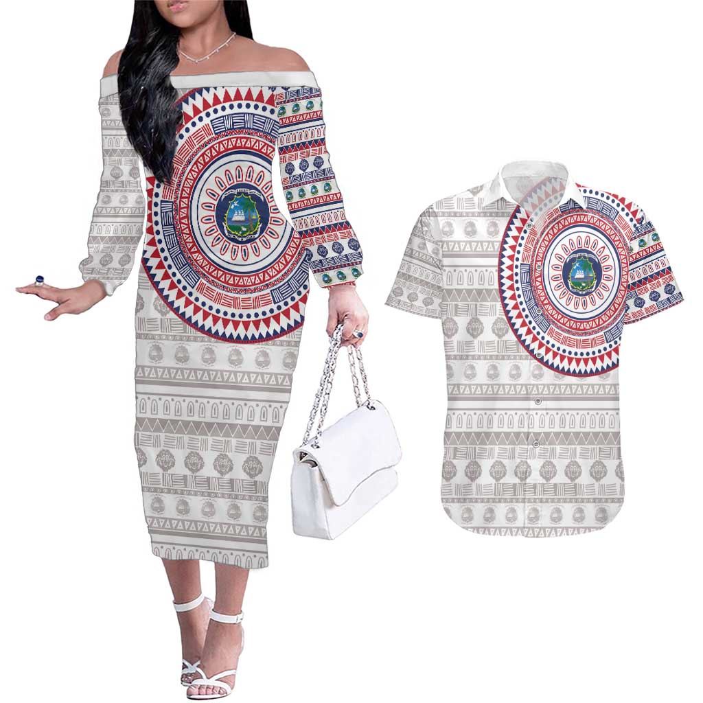Liberia Couples Matching Off The Shoulder Long Sleeve Dress and Hawaiian Shirt African Tribal Pattern