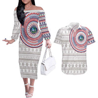 Liberia Couples Matching Off The Shoulder Long Sleeve Dress and Hawaiian Shirt African Tribal Pattern