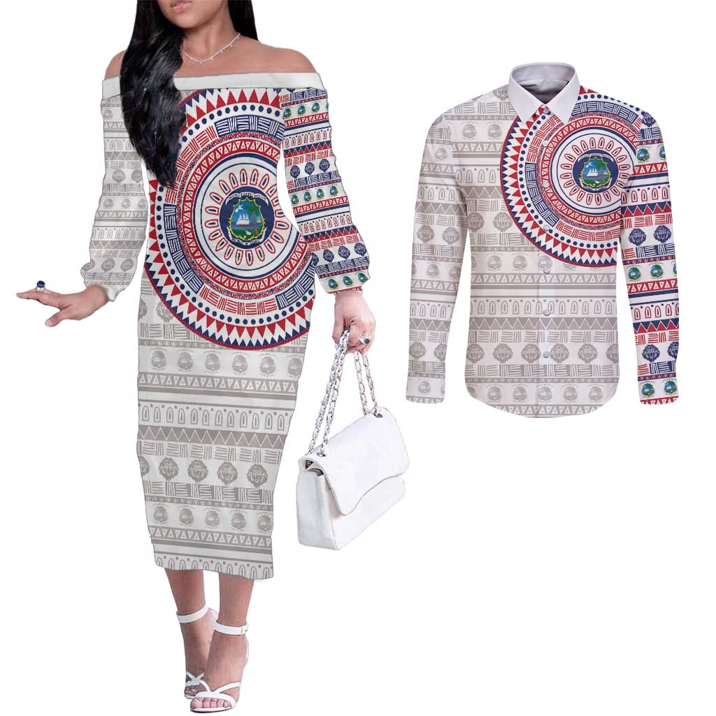 Liberia Couples Matching Off The Shoulder Long Sleeve Dress and Long Sleeve Button Shirt African Tribal Pattern