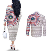 Liberia Couples Matching Off The Shoulder Long Sleeve Dress and Long Sleeve Button Shirt African Tribal Pattern