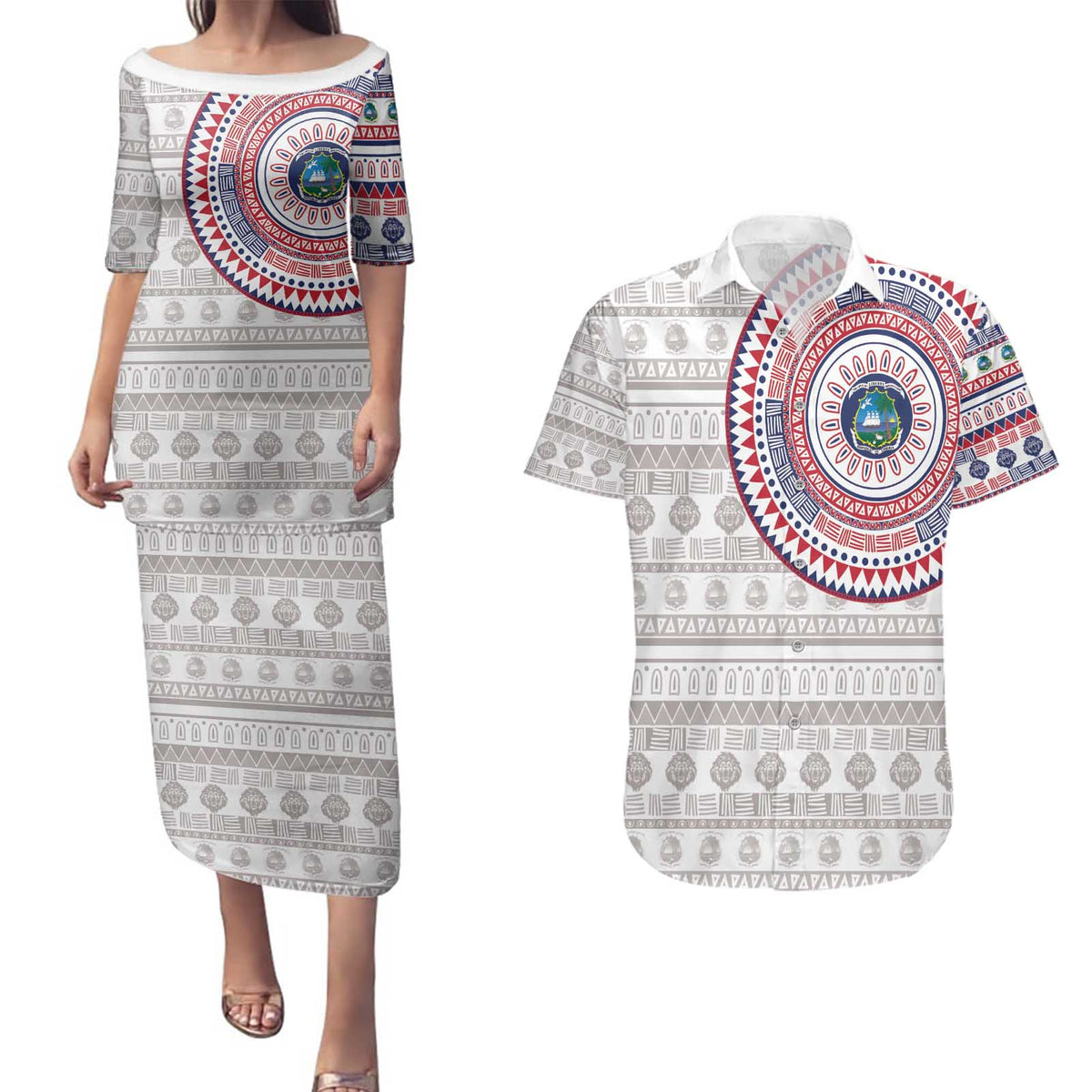 Liberia Couples Matching Puletasi and Hawaiian Shirt African Tribal Pattern