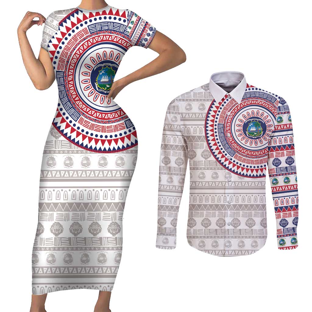 Liberia Couples Matching Short Sleeve Bodycon Dress and Long Sleeve Button Shirt African Tribal Pattern