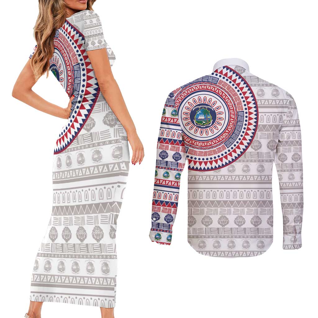 Liberia Couples Matching Short Sleeve Bodycon Dress and Long Sleeve Button Shirt African Tribal Pattern