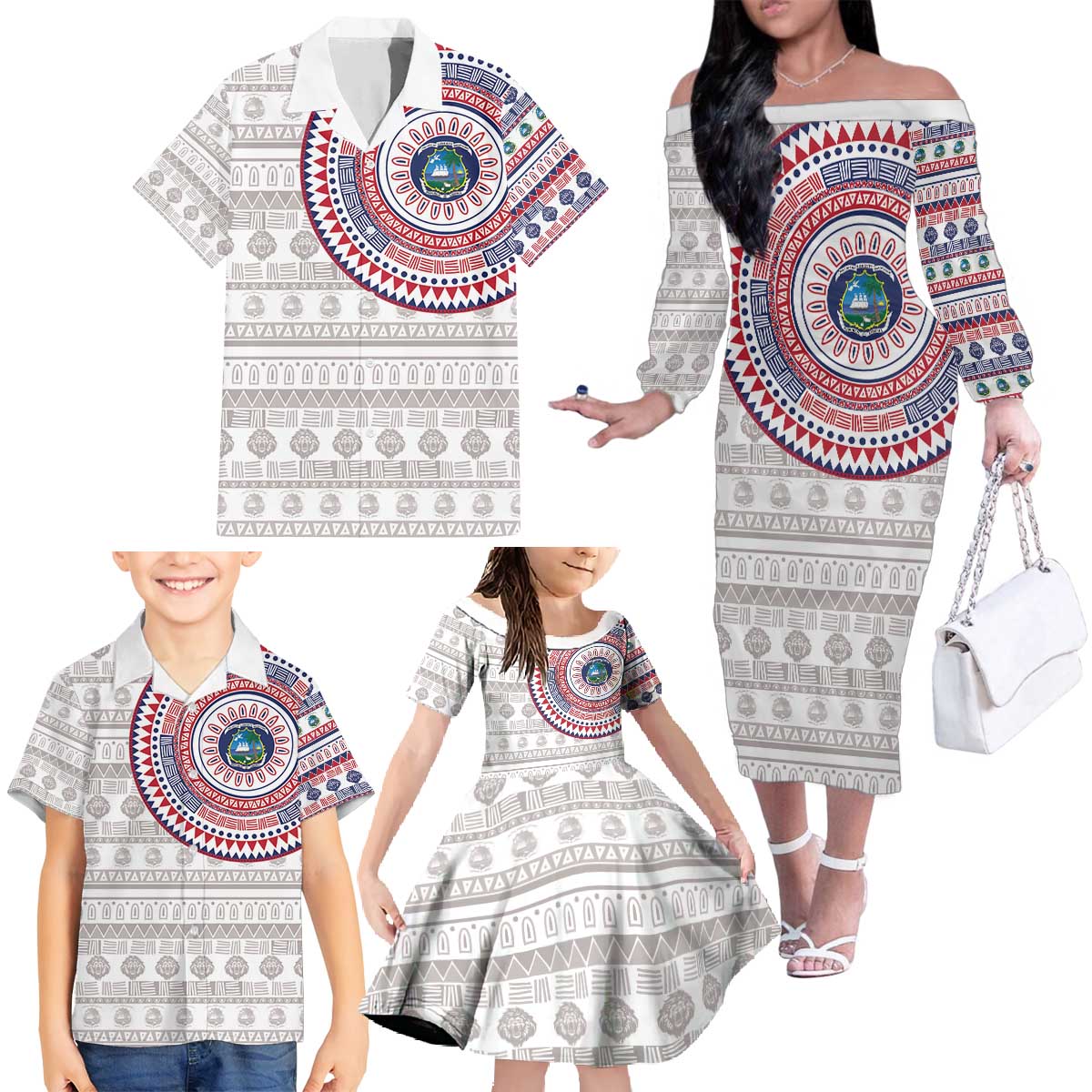 Liberia Family Matching Off The Shoulder Long Sleeve Dress and Hawaiian Shirt African Tribal Pattern