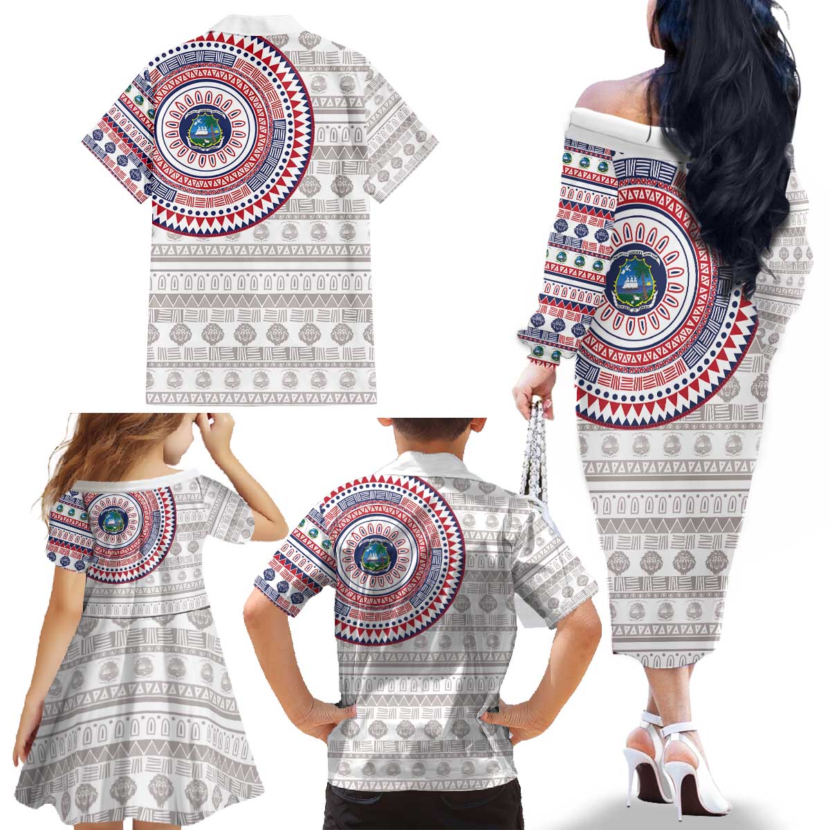 Liberia Family Matching Off The Shoulder Long Sleeve Dress and Hawaiian Shirt African Tribal Pattern