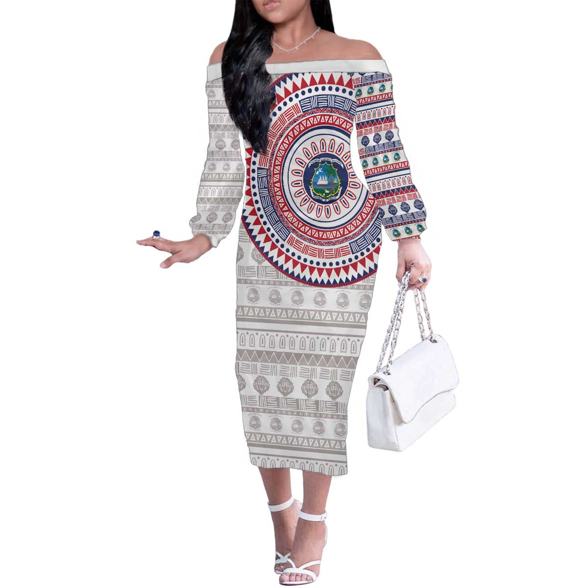 Liberia Family Matching Off The Shoulder Long Sleeve Dress and Hawaiian Shirt African Tribal Pattern