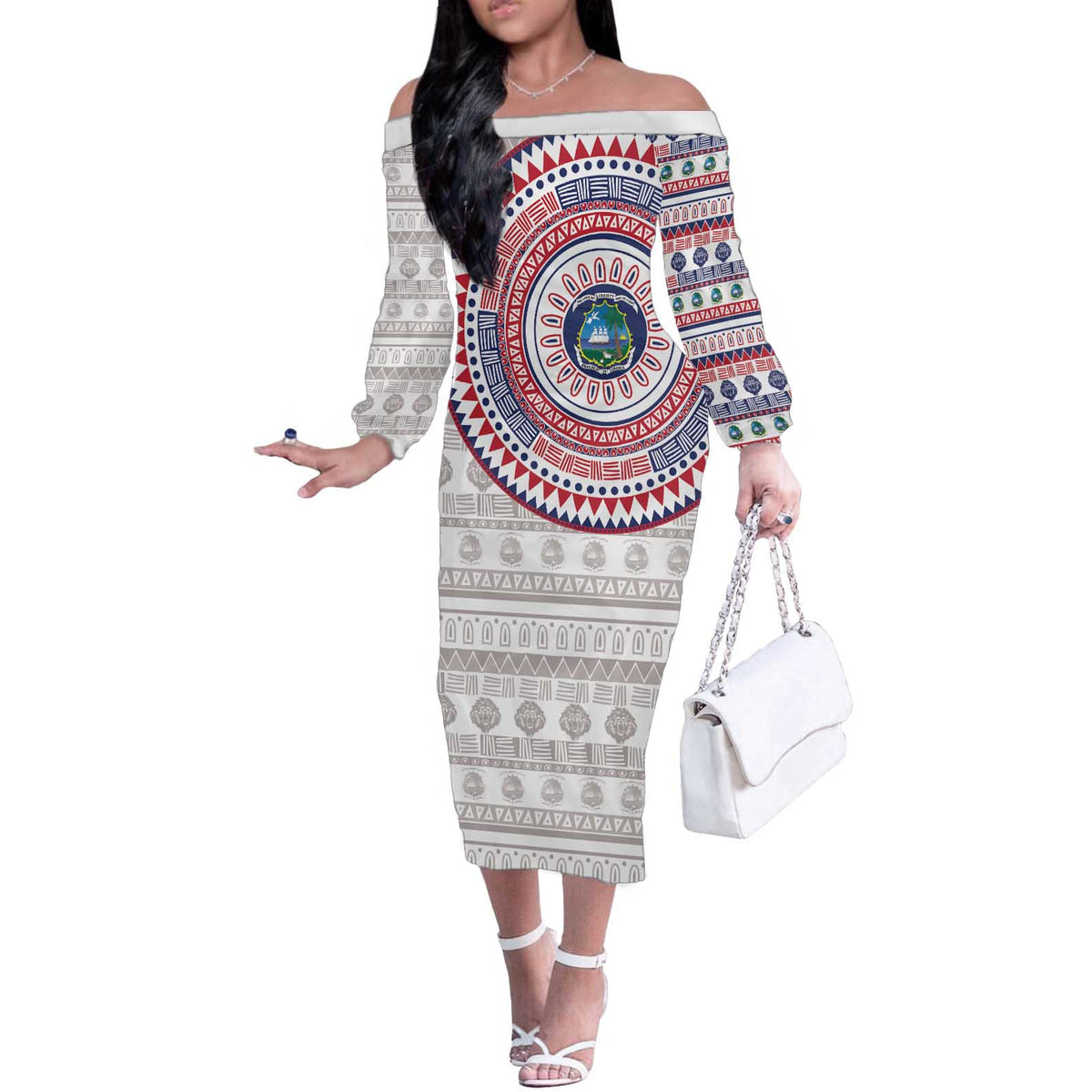 Liberia Off The Shoulder Long Sleeve Dress African Tribal Pattern