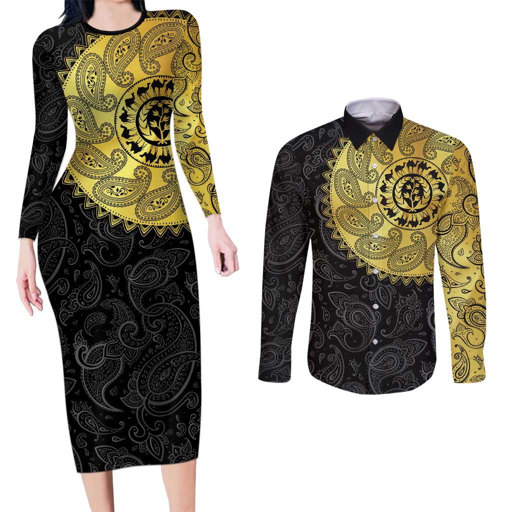 Eritrea Couples Matching Long Sleeve Bodycon Dress and Long Sleeve Button Shirt African Tribal Mix Paisley Pattern