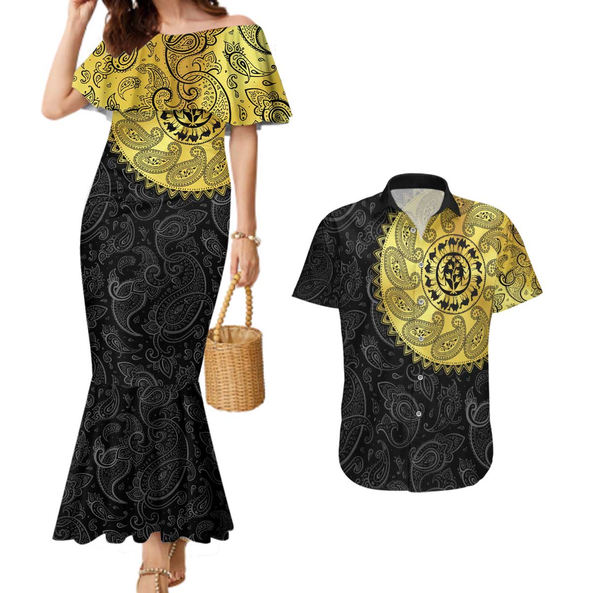 Eritrea Couples Matching Mermaid Dress and Hawaiian Shirt African Tribal Mix Paisley Pattern