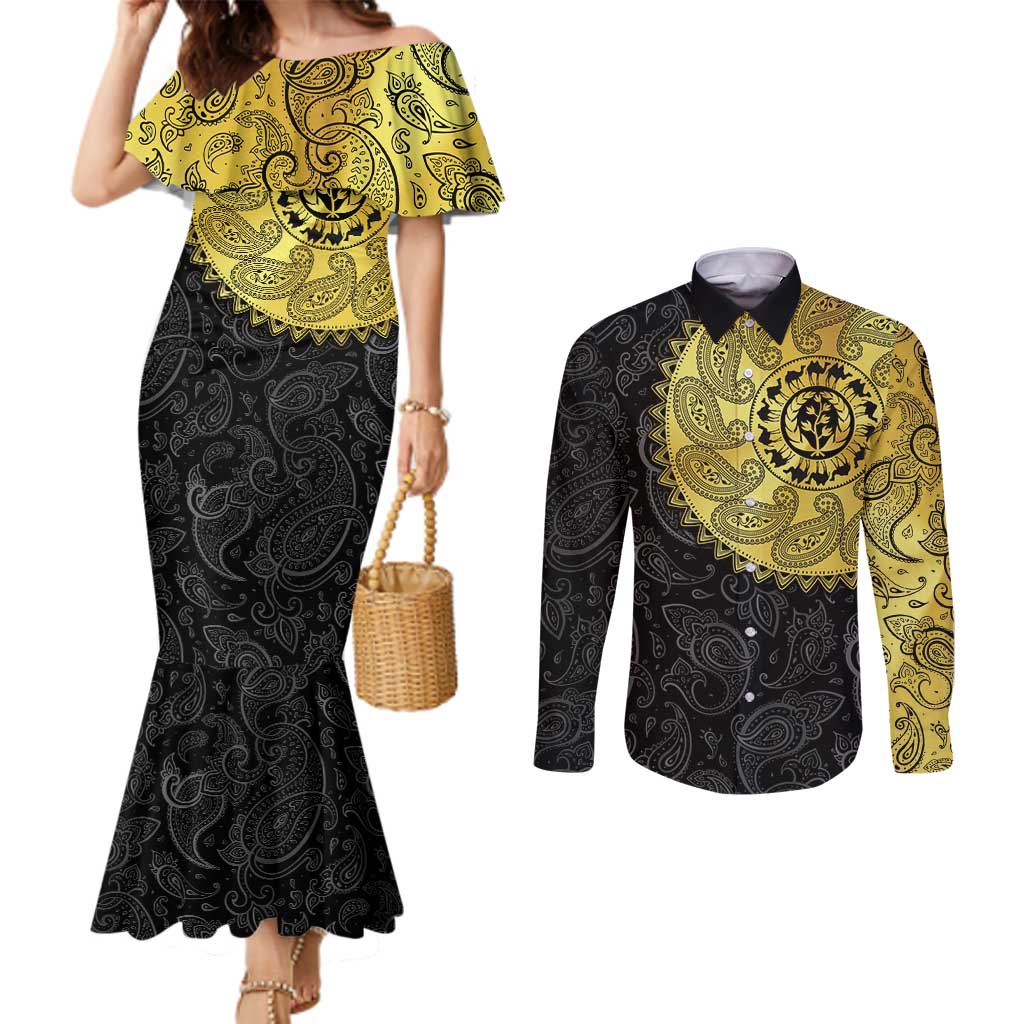 Eritrea Couples Matching Mermaid Dress and Long Sleeve Button Shirt African Tribal Mix Paisley Pattern