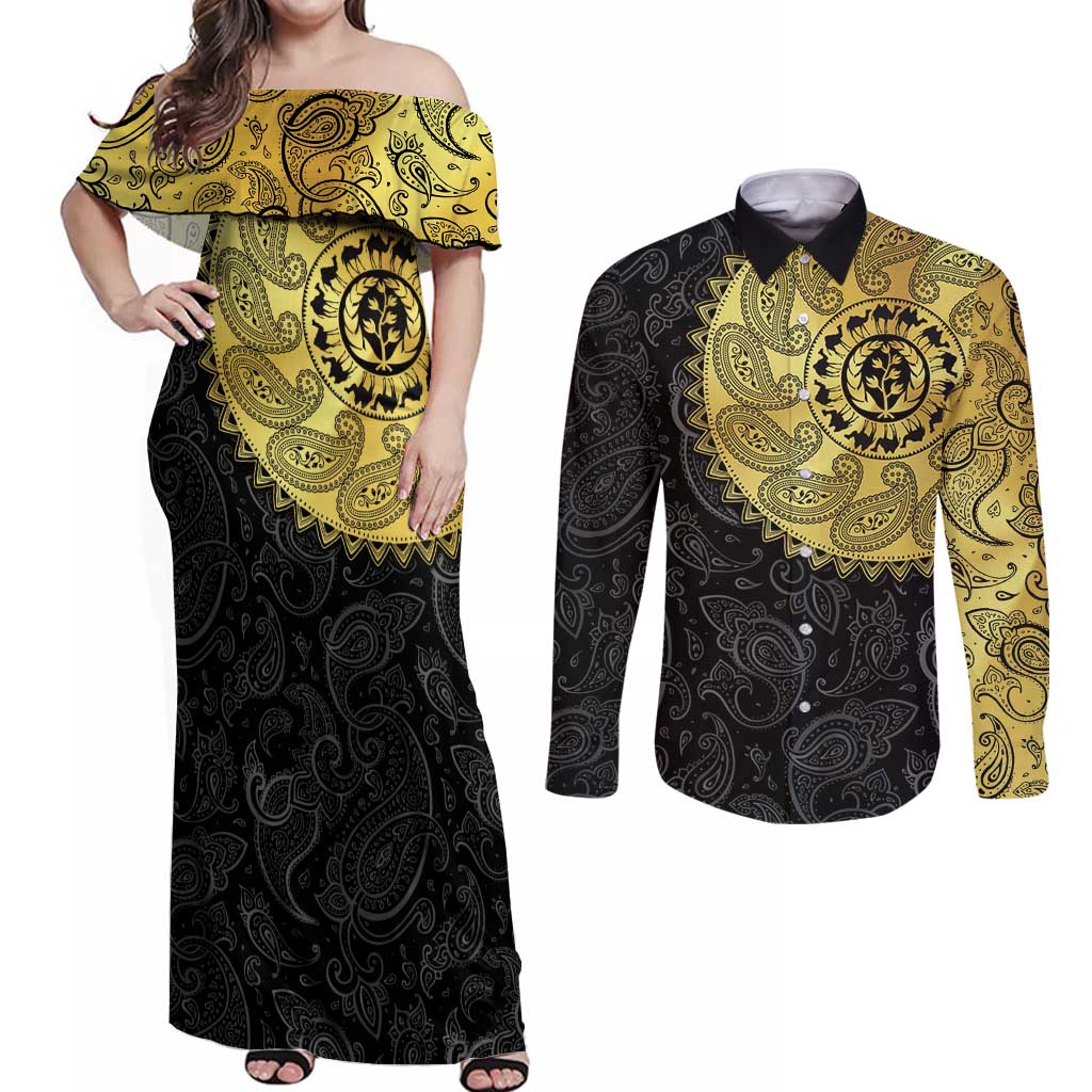 Eritrea Couples Matching Off Shoulder Maxi Dress and Long Sleeve Button Shirt African Tribal Mix Paisley Pattern