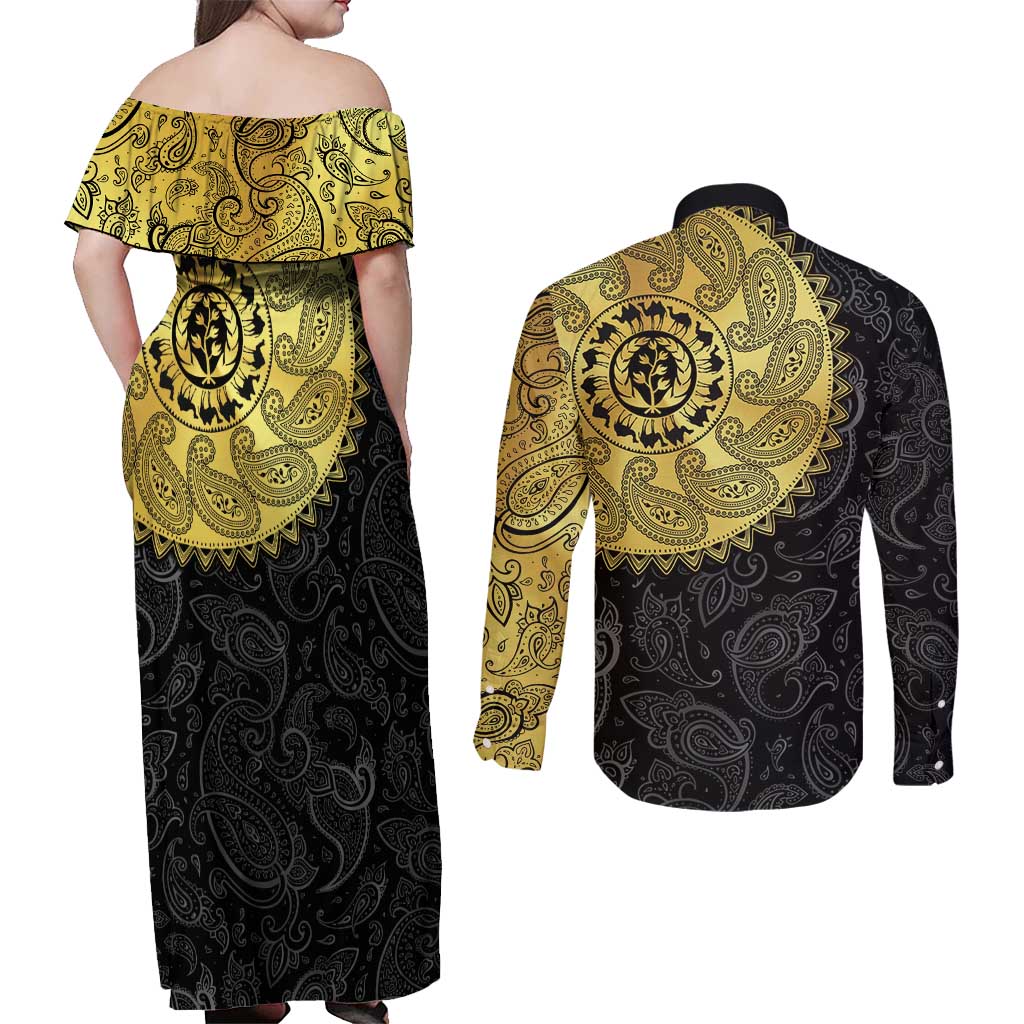 Eritrea Couples Matching Off Shoulder Maxi Dress and Long Sleeve Button Shirt African Tribal Mix Paisley Pattern
