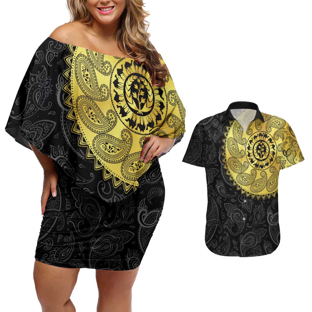 Eritrea Couples Matching Off Shoulder Short Dress and Hawaiian Shirt African Tribal Mix Paisley Pattern