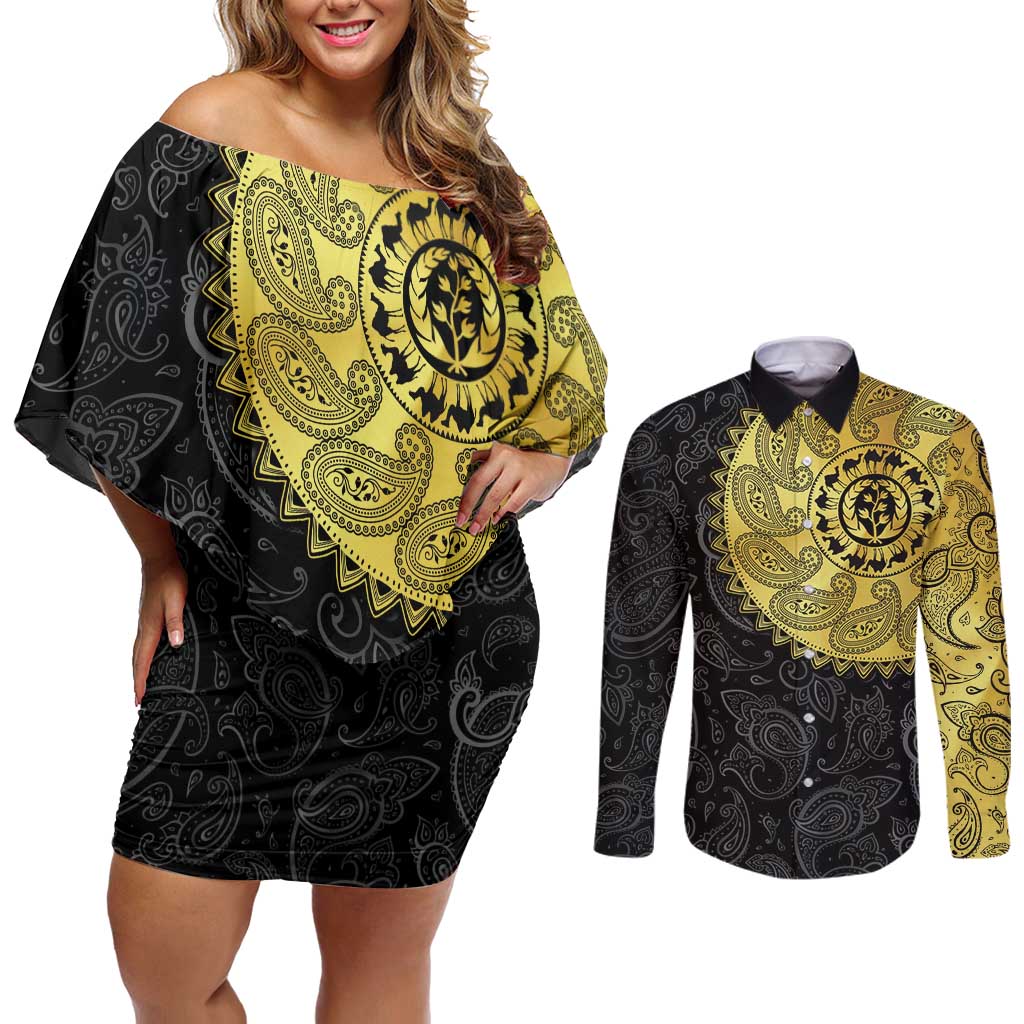 Eritrea Couples Matching Off Shoulder Short Dress and Long Sleeve Button Shirt African Tribal Mix Paisley Pattern
