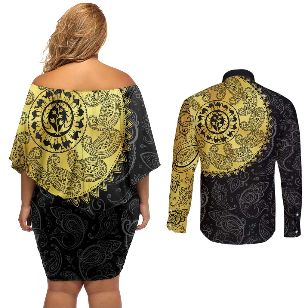 Eritrea Couples Matching Off Shoulder Short Dress and Long Sleeve Button Shirt African Tribal Mix Paisley Pattern
