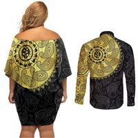 Eritrea Couples Matching Off Shoulder Short Dress and Long Sleeve Button Shirt African Tribal Mix Paisley Pattern