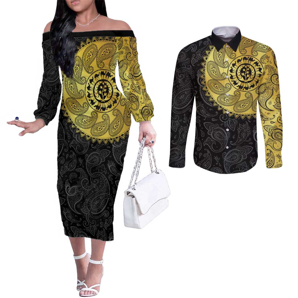 Eritrea Couples Matching Off The Shoulder Long Sleeve Dress and Long Sleeve Button Shirt African Tribal Mix Paisley Pattern