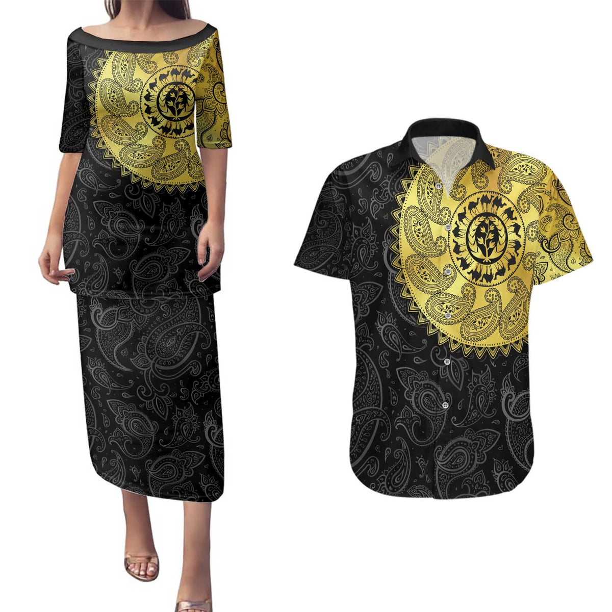 Eritrea Couples Matching Puletasi and Hawaiian Shirt African Tribal Mix Paisley Pattern