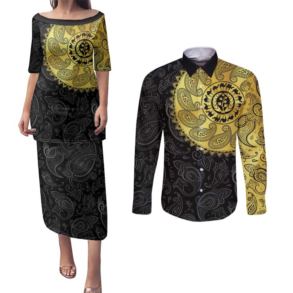 Eritrea Couples Matching Puletasi and Long Sleeve Button Shirt African Tribal Mix Paisley Pattern