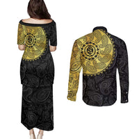 Eritrea Couples Matching Puletasi and Long Sleeve Button Shirt African Tribal Mix Paisley Pattern