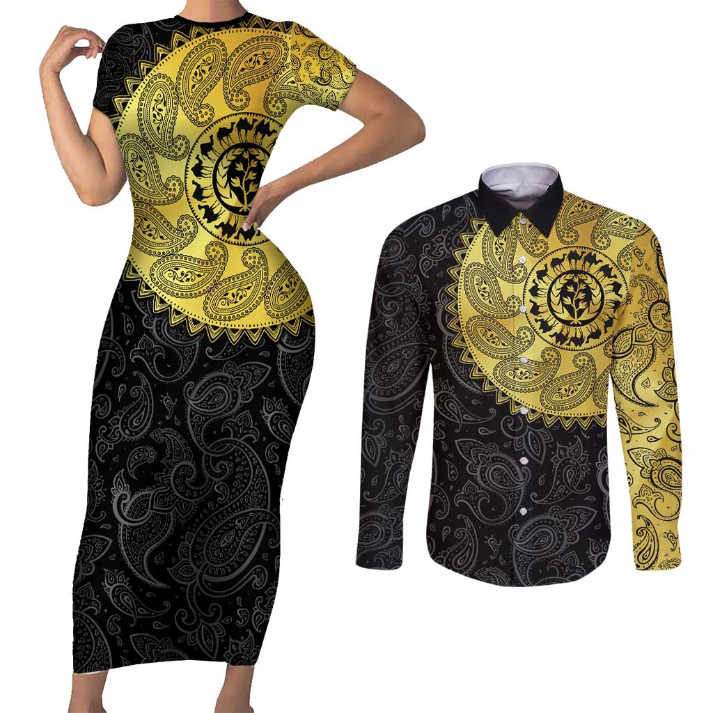 Eritrea Couples Matching Short Sleeve Bodycon Dress and Long Sleeve Button Shirt African Tribal Mix Paisley Pattern