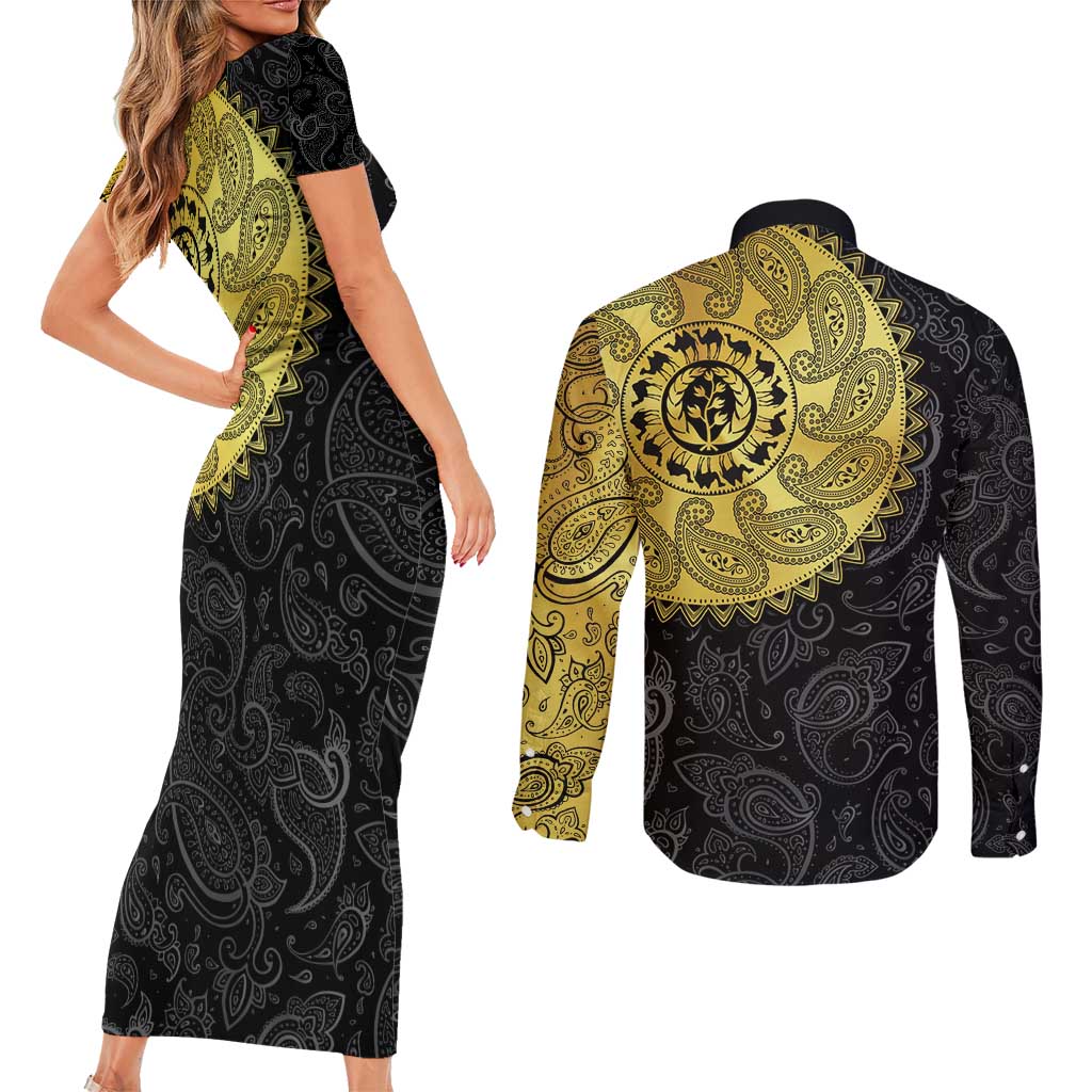 Eritrea Couples Matching Short Sleeve Bodycon Dress and Long Sleeve Button Shirt African Tribal Mix Paisley Pattern