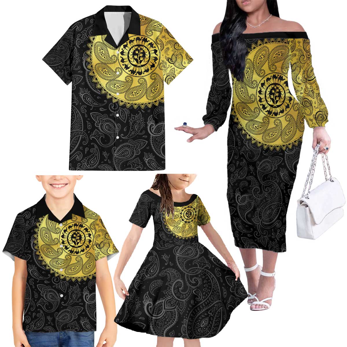 Eritrea Family Matching Off The Shoulder Long Sleeve Dress and Hawaiian Shirt African Tribal Mix Paisley Pattern