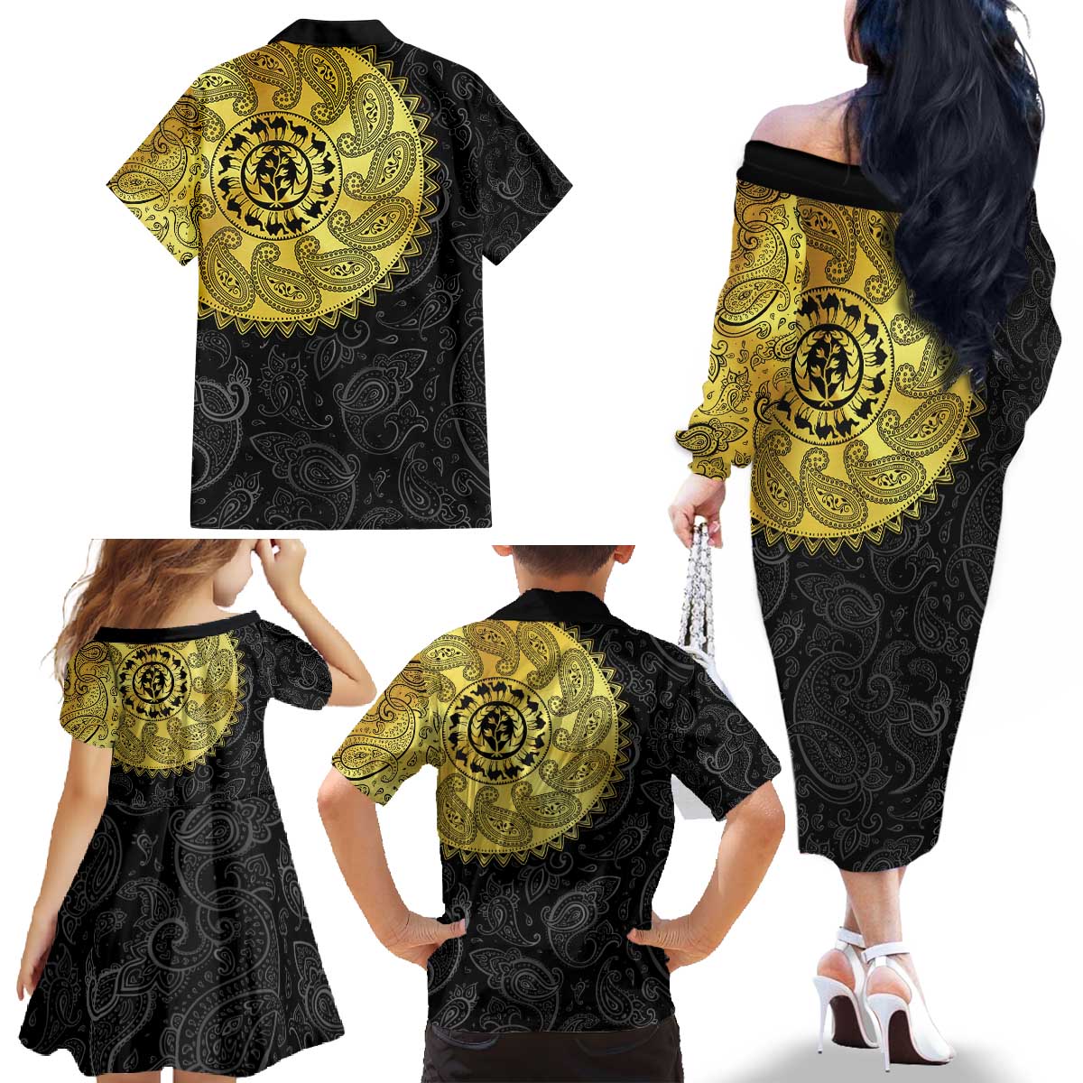 Eritrea Family Matching Off The Shoulder Long Sleeve Dress and Hawaiian Shirt African Tribal Mix Paisley Pattern