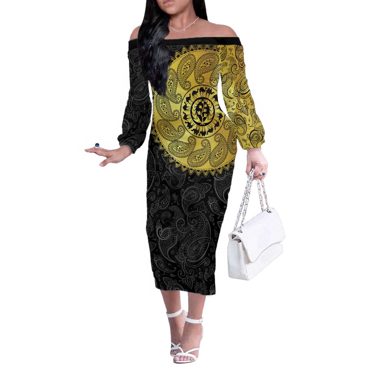 Eritrea Family Matching Off The Shoulder Long Sleeve Dress and Hawaiian Shirt African Tribal Mix Paisley Pattern