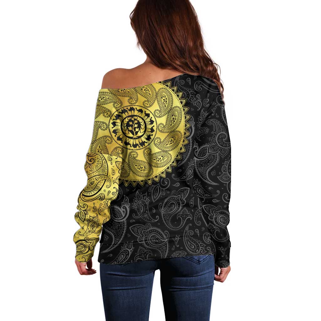Eritrea Off Shoulder Sweater African Tribal Mix Paisley Pattern