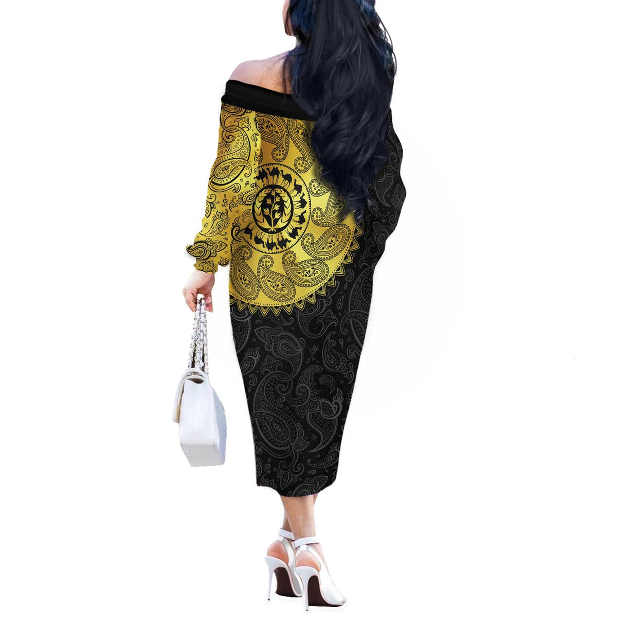 Eritrea Off The Shoulder Long Sleeve Dress African Tribal Mix Paisley Pattern