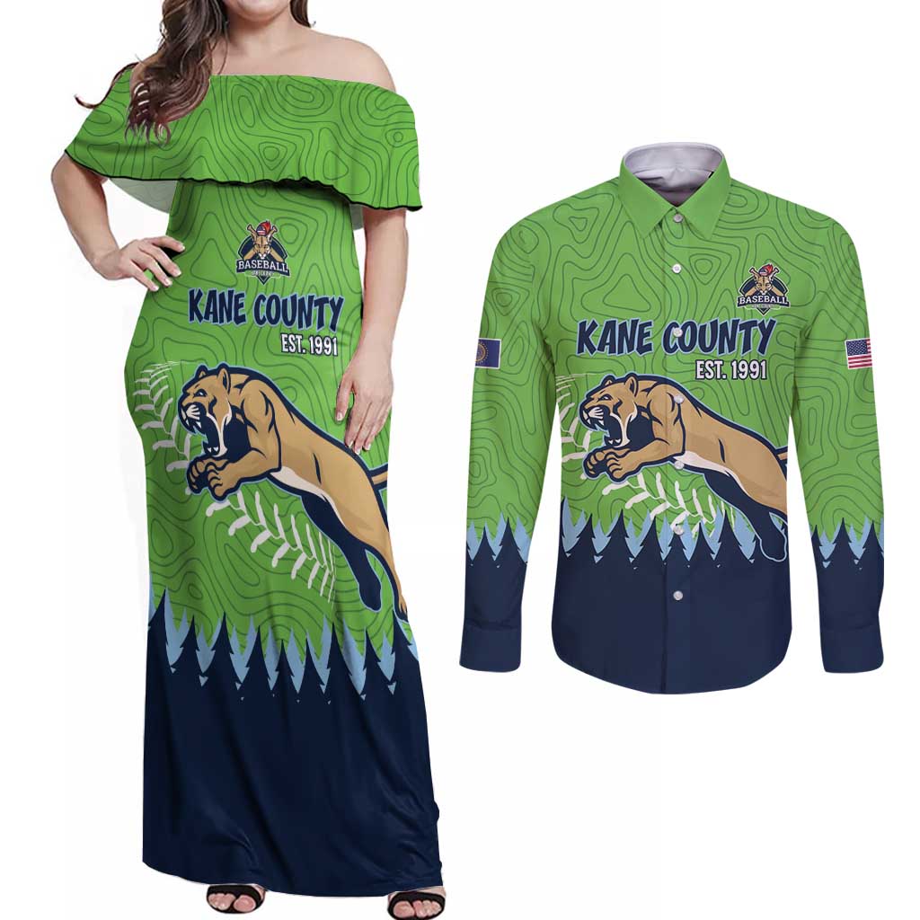 Kane County 2025 Baseball Custom Couples Matching Off Shoulder Maxi Dress and Long Sleeve Button Shirt Cougar Fight Cougar Win