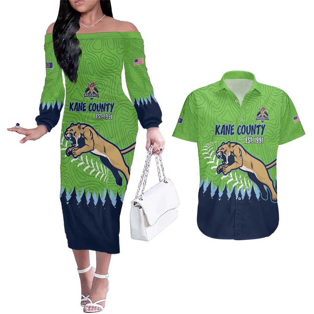 Kane County 2025 Baseball Custom Couples Matching Off The Shoulder Long Sleeve Dress and Hawaiian Shirt Cougar Fight Cougar Win
