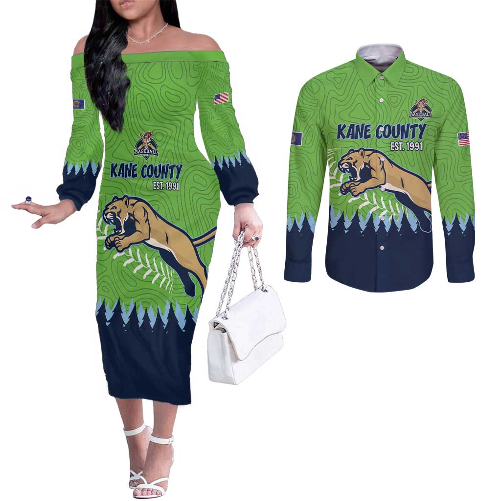 Kane County 2025 Baseball Custom Couples Matching Off The Shoulder Long Sleeve Dress and Long Sleeve Button Shirt Cougar Fight Cougar Win