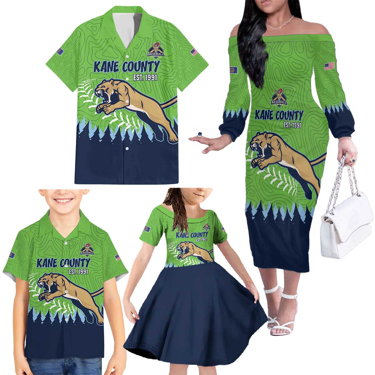 Kane County 2025 Baseball Custom Family Matching Off The Shoulder Long Sleeve Dress and Hawaiian Shirt Cougar Fight Cougar Win