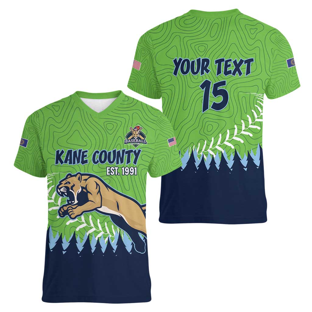 Kane County 2025 Baseball Custom Women V-Neck T-Shirt Cougar Fight Cougar Win