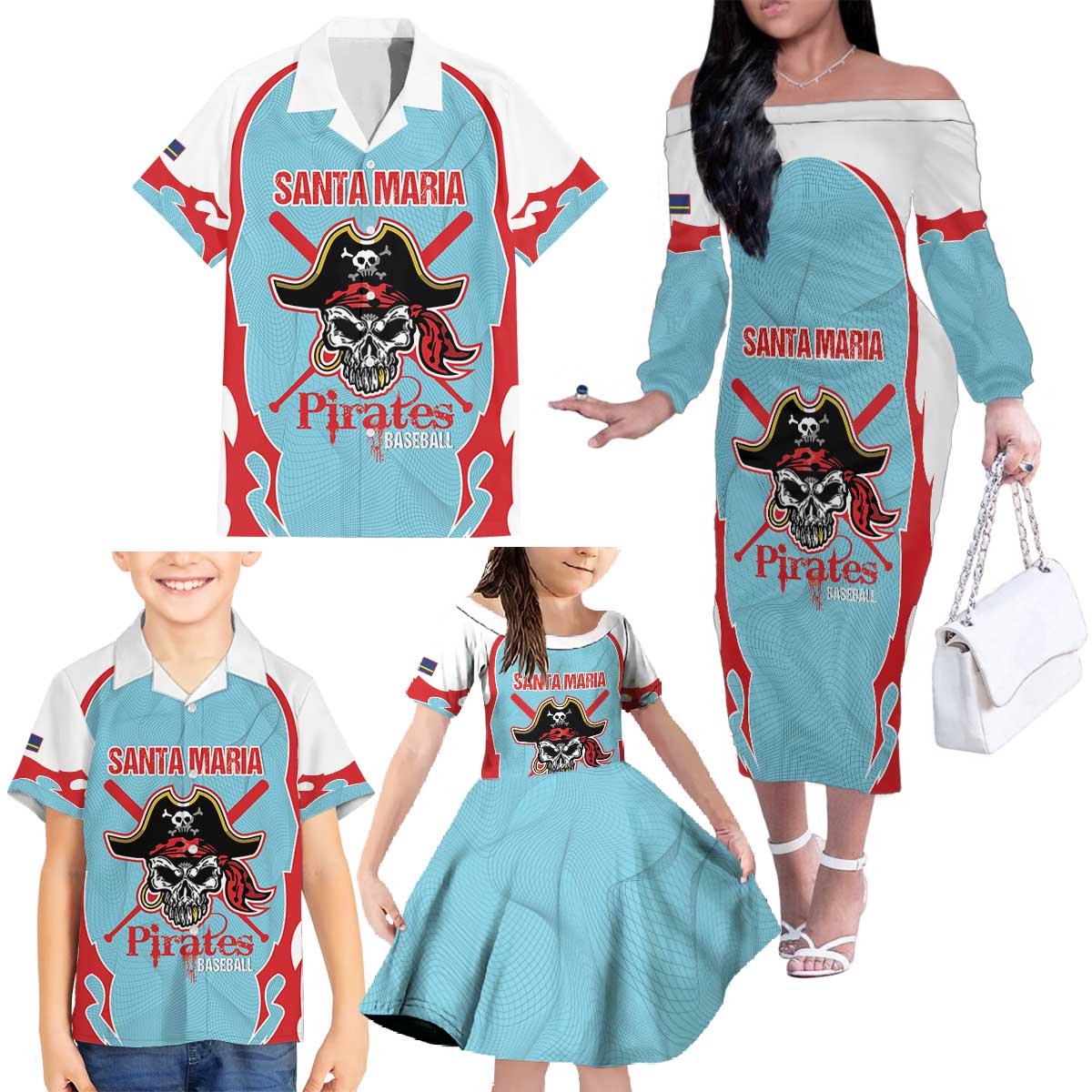 Santa Maria 2025 Baseball Custom Family Matching Off The Shoulder Long Sleeve Dress and Hawaiian Shirt Come On Pirate