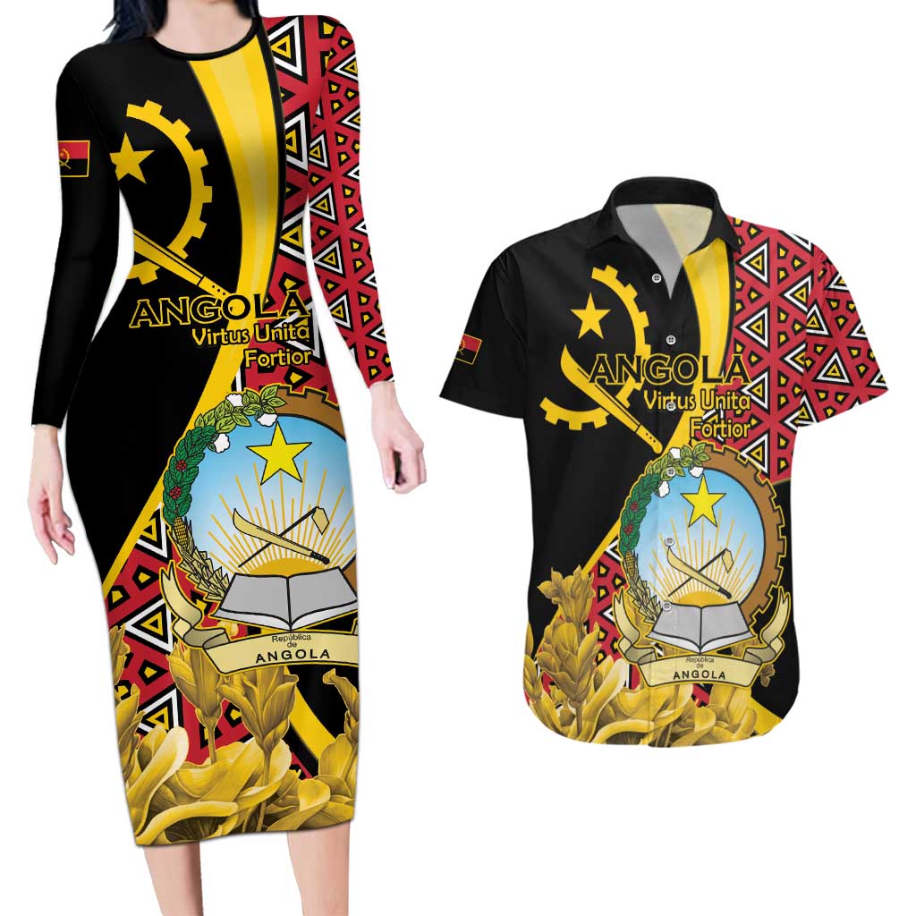 Personalized Angola Couples Matching Long Sleeve Bodycon Dress and Hawaiian Shirt Coat Of Arms Welwitschia Mirabilis